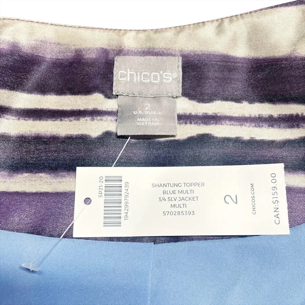 CHICO'S NWT Satin Shantung Topper 3/4 Sleeve Jacket Watercolor Stripe Sz 2 L/12
